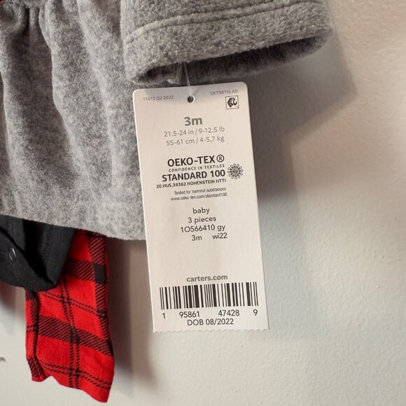 NWT 3-Piece Set Grey Fleece Top Red Plaid Leggings & Black Bodysuit 3M Carters - Picture 6 of 6